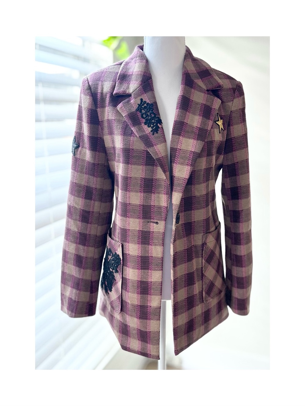 Avec Les Filles Purple & Beige Plaid Blazer with Appliqué